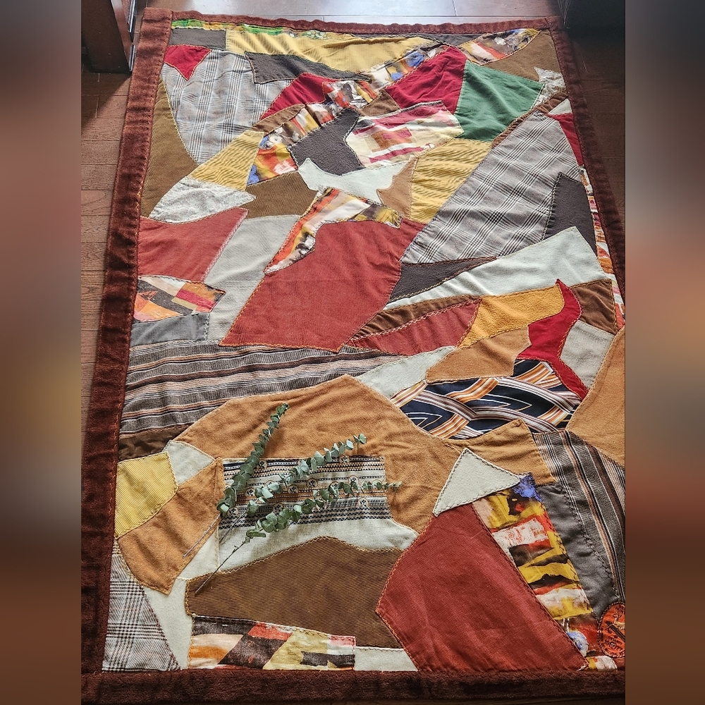 Crazy Quilt with Multicolor Design Retro 70 Hunter Colors Thick Plush Handcraft